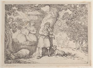 Geiger, Matrose, zwei Frauen und ein Schwein bei einem Cottage von Thomas Rowlandson