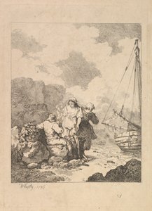 Fischer am Ufer - Küstenszene mit einem Mann, der auf Felsen sitzt und Pfeife raucht, 1786