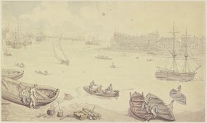 Fluss mit vielen Schiffen und einer Werft von Thomas Rowlandson