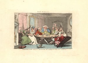 Herr versucht, unter dem Tisch mit einer Schönheit zu flirten von Thomas Rowlandson