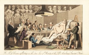 Georgische Künstler, darunter Benjamin West, Thomas Lawrence, Benjamin Haydon, Joseph Farrington, Richard Westall und Martin Archer Shee, zeichnen ein nacktes Modell, während klassische Büsten herabblicken. Royal Academicians of Genius reflecting on the tr