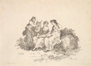 Harmonie - Zwei Nymphen singen, eine andere spielt eine Lyra, 1784-88 von Thomas Rowlandson
