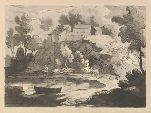 Hügelige Flusslandschaft, ein Boot im Wasser im Vordergrund links, eine Figur am fernen Ufer von Thomas Rowlandson