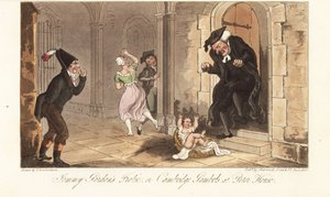James Gordon, ein berüchtigter Trunkenbold aus Cambridge, hinterlässt als Streich ein Baby vor dem Haus eines College-Dekans. Jemmy Gordons Streich oder Cambridge-Gambols im Peter House. Handkolorierte Kupferplatte, gezeichnet und graviert von Thomas Rowla von Thomas Rowlandson