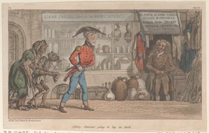 Johnny Newcome geht Vorräte kaufen, aus Die militärischen Abenteuer von Johnny Newcome von Thomas Rowlandson