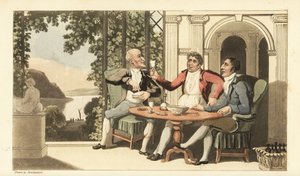 Johnny und Freunde trinken und singen auf einer Terrasse mit Blick auf die Themse. Handkolorierte Kupferstichgravur von Thomas Rowlandson aus William Combes Die Geschichte von Johnny Quae Genus, der kleine Gefundene des verstorbenen Doktor Syntax. von Thomas Rowlandson