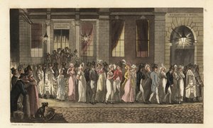 Johnny und andere Feiernde werden nach einer ausgelassenen Tanzparty in den Covent Garden Chambers vom Nachtwächter verhaftet. Handkolorierte Kupferstichgravur von Thomas Rowlandson aus William Combes Die Geschichte von Johnny Quae Genus, der kleine Gefund von Thomas Rowlandson