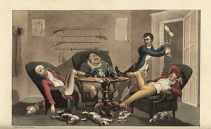 Johnny bei einem sportlichen Finale: Johnny mit Kerzenleuchtern verlässt drei betrunkene Jäger, die in einem Speisesaal mit leeren Weinflaschen und schlafenden Hunden schlafen. Handkolorierter Kupferstich von Thomas Rowlandson aus William Combes The Histor von Thomas Rowlandson