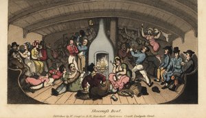 Johnny feiert mit Seeleuten, Schlammfängern, Kupplern und Zuhältern in einer Kabine auf dem Sheerness-Boot. Handkolorierte Kupferstichgravur von W. Read nach einer Illustration von Thomas Rowlandson aus Alfred Burtons The Adventures of Johnny Newcombe