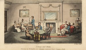 Johnny umwirbt Maria in einem Salon, während andere Karten spielen und Lieder vor dem Kamin singen. Handkolorierte Kupferstichgravur von W. Read nach einer Illustration von Thomas Rowlandson aus Alfred Burtons The Adventures of Johnny Newcombe in the Navy, von Thomas Rowlandson
