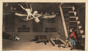 Johnny fällt aus seiner Hängematte in seiner Kabine. Handkolorierte Kupferstichgravur von W. Read nach einer Illustration von Thomas Rowlandson aus Alfred Burtons Die Abenteuer von Johnny Newcombe in der Marine, Simpkin, London von Thomas Rowlandson