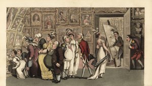 Johnny im Dienst des Porträtmalers Carmine in seiner Galerie. Als er allein ist, verunstaltet Johnny die Porträts mit Kreide und verursacht einen Aufruhr von Thomas Rowlandson