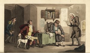 Johnny im Dienst von Jacob Levi, dem Geldverleiher. Handkolorierte Kupferstichgravur von Thomas Rowlandson aus William Combes Die Geschichte von Johnny Quae Genus, der kleine Gefundene des verstorbenen Doktor Syntax. von Thomas Rowlandson