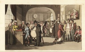 Johnny sucht Arbeit in einem Registrierungsbüro für Hausangestellte. Männer und Frauen mit Monokeln untersuchen Träger, Dienstmädchen und anderes Personal. Handkolorierte Kupferstichgravur von Thomas Rowlandson aus William Combes Die Geschichte von Johnny  von Thomas Rowlandson