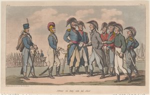Johnny im Dienst mit seinem Chef, aus Die militärischen Abenteuer von Johnny Newcome, 1815 von Thomas Rowlandson