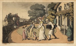 Johnny verabschiedet sich von seiner Mutter und seinen Schwestern, als er sich auf der Postkutsche zur Royal Navy begibt. Handkolorierter Kupferstich von W. Read nach einer Illustration von Thomas Rowlandson aus Alfred Burtons 