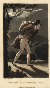 Johnny geht auf der mondbeschienenen Straße nach London. Er hat einen Rucksack mit einer Geige, ein Buch in seiner Manteltasche und trägt einen Regenschirm. Handkolorierte Kupferstichgravur von Thomas Rowlandson aus William Combes Die Geschichte von Johnny