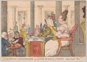La Belle Liminaudiere im Café de Mille Collone, Palais Royal, Paris, veröffentlicht 1814