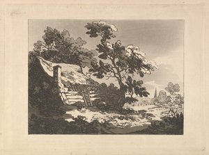 Landschaft mit Hütte unter Bäumen links und einer fernen Kirchturmspitze rechts von Thomas Rowlandson