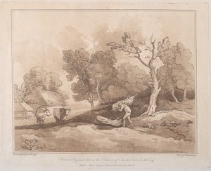 Landschaft mit einer Figur, die ein Bündel Zweige trägt, ein Gehölz dahinter, zwei Kühe..., 21. Mai 1789