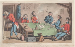 Lernen zu rauchen und Grog zu trinken, aus Die militärischen Abenteuer von Johnny Newcome von Thomas Rowlandson