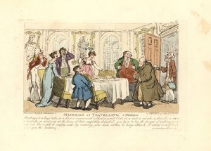 Mann gezwungen, die schlecht sitzende Kleidung seines Gastgebers bei einem Abendessen zu tragen von Thomas Rowlandson