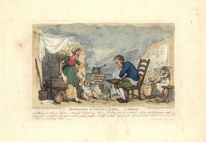 Mann benutzt Blasebalg vor einem Feuer in einem rauchigen Raum von Thomas Rowlandson