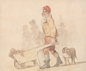 Mann mit Schubkarre und Hund