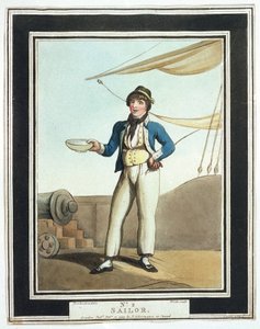 Matrose zur Zeit von Horatio Nelson (1758-1805), der verschiedenen Aufgaben nach seinen Fähigkeiten zugewiesen wurde, einige arbeiteten auf den Masten, andere auf dem Oberdeck, verantwortlich für den Anker, wieder andere waren Teil des Kanonierteams von Thomas Rowlandson