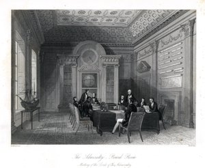 Treffen der Lords der Admiralität im Sitzungssaal, Admiralität. Stahlstich von Henry Melville nach einer Illustration von Thomas Rowlandson aus London Interiors, Their Costumes and Ceremonies, Joshua Mead, London von Thomas Rowlandson