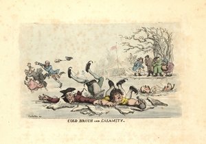 Männer und Frauen, die auf dünnem Eis Schlittschuh laufen und in einen gefrierenden Fluss fallen von Thomas Rowlandson