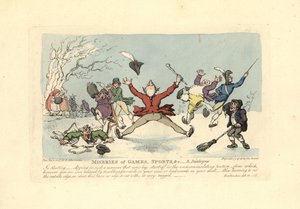 Männer fallen auf Schlittschuhen, ein anderer fällt durchs Eis von Thomas Rowlandson
