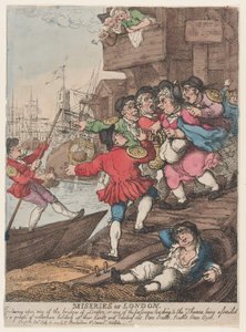 Miseren von London: Beim Betreten einer der Brücken von London oder einer der Zugänge zur Themse von einer Gruppe Wasserleute belästigt werden, die ihre Hände heben und rufen. Ruder. Ruder. Ruder. Ruder. von Thomas Rowlandson