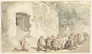 Mönche speisen im Freien (recto); Dorfstraße (verso) von Thomas Rowlandson