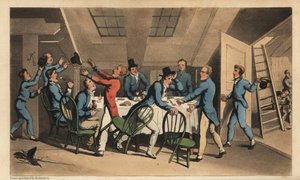 Offiziere und Seekadetten feiern die Nachricht, dass der Kapitän das Schiff verlassen hat. Handkolorierte Kupferstichgravur von W. Read nach einer Illustration von Thomas Rowlandson aus Alfred Burtons The Adventures of Johnny Newcombe in the Navy, Simpkin, von Thomas Rowlandson
