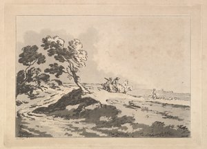 Offene Landschaft mit drei Reitern in der mittleren Entfernung, die nach rechts reiten von Thomas Rowlandson
