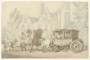 Offener Reisewagen und Kutsche in einer quasi-holländischen Straße von Thomas Rowlandson