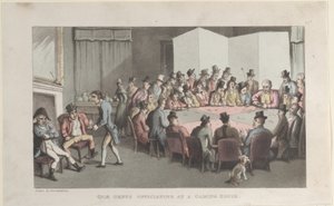 Quae Genus bei der Amtshandlung in einem Spielhaus, aus der Geschichte von Johnny Quae Gen von Thomas Rowlandson