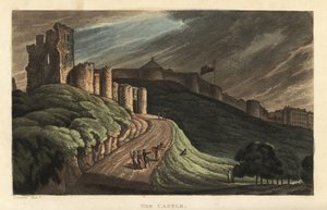 Scarborough Castle: Touristen gehen den Hügel zum Schloss aus dem 12. Jahrhundert hinauf. Kupferstich von Thomas Rowlandson nach einer Skizze von J. Green aus Poetical Sketches of Scarborough, Ackermann, London von Thomas Rowlandson