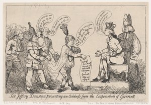 Sir Jeffery Dunstan präsentiert eine Adresse der Corporation of Garratt von Thomas Rowlandson