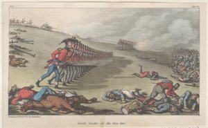 Riecht zum ersten Mal Pulver, aus Die militärischen Abenteuer von Johnny Newcome von Thomas Rowlandson