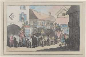 Postkutsche und Reiter im Hof eines Gasthauses, bereit zur Abfahrt von Thomas Rowlandson