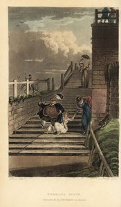 Terrassenstufen: Touristen stürzen die Treppe von Cliff Terrace hinunter. Handkolorierte Kupferstichgravur von Thomas Rowlandson, Aquatinta von J.C. Stadler, nach einer Skizze von J. Green aus Poetical Sketches of Scarborough, Ackermann, London