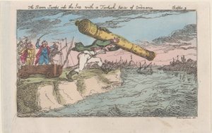 Der Baron springt mit einem türkischen Geschütz ins Meer von Thomas Rowlandson