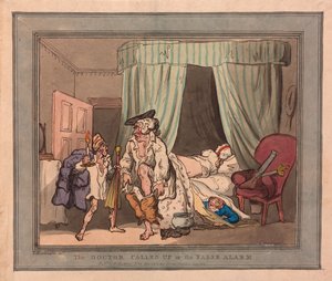Der Arzt wird gerufen oder der falsche Alarm, veröffentlicht 1786 (handkolorierter Stich) von Thomas Rowlandson