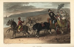 Die Sands: Touristen in einer von Eseln gezogenen Kutsche am Strand. Handkolorierte Kupferstichgravur von Thomas Rowlandson nach einer Skizze von J. Green aus Poetical Sketches of Scarborough, Ackermann, London