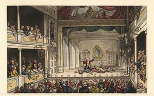 Das Theater: Touristen genießen ein Stück im Scarborough Theatre. Handkolorierter Kupferstich von Thomas Rowlandson nach einer Skizze von J. Green aus Poetical Sketches of Scarborough, Ackermann, London