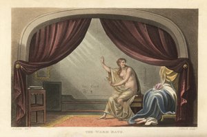 Das warme Bad: nackte Frau nimmt ein Bad hinter Vorhängen in einem Regency-Zimmer. Soll ein Porträt von Mary Robinson, der Geliebten von König George IV., sein. Handkolorierte Kupferstichgravur von Thomas Rowlandson, Aquatinta von J. Bluck, nach einer Skiz