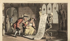 Der Skeletttod mit seiner Sanduhr zeigt zwei älteren aristokratischen Genealogen in einem Raum mit Wappenschildern und Rüstungen einen Stammbaum. Handkolorierte Kupferplatte gezeichnet und graviert von Thomas Rowlandson aus The English Dance of Death von Thomas Rowlandson