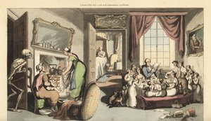 Das Skelett des Todes erscheint im Wohnzimmer einer großen Familie, um ein Kind oder Neugeborenes zu holen. Handkolorierte Kupferplatte, gezeichnet und graviert von Thomas Rowlandson aus The English Dance of Death, Ackermann, London von Thomas Rowlandson
